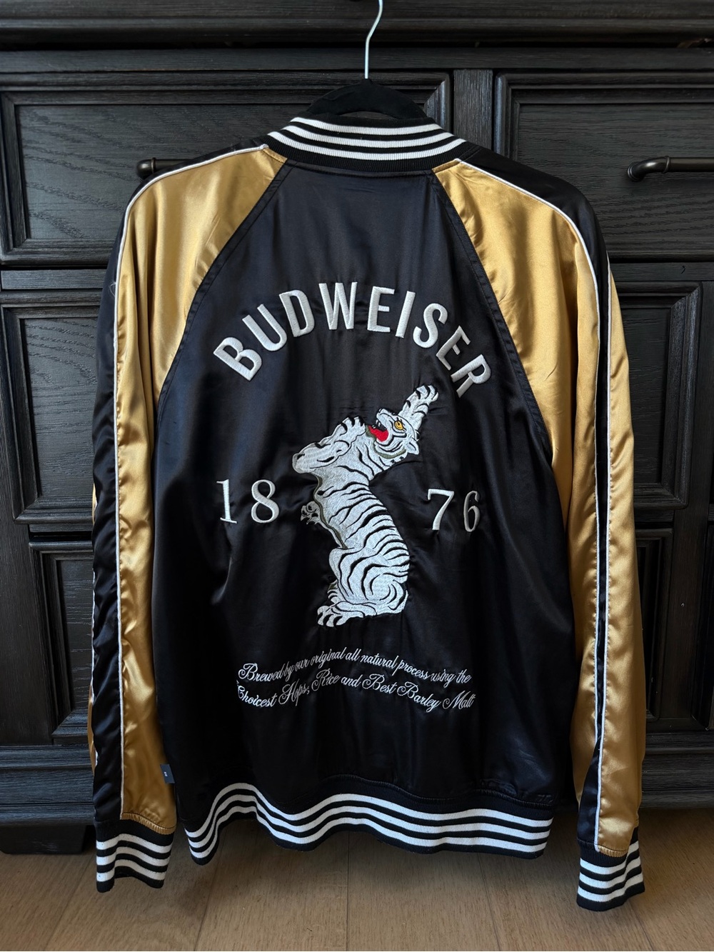 Budweiser Black and Gold Satin Varsity Jacket with Embroidered Tiger